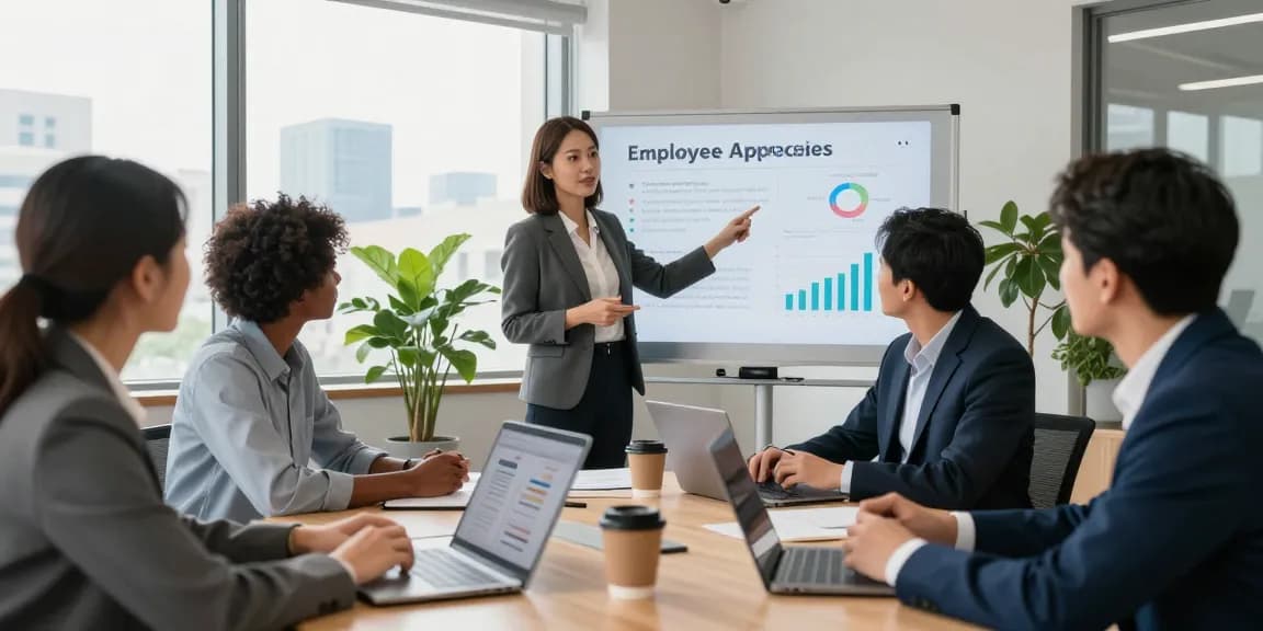 Wertschätzung am Arbeitsplatz: Team diskutiert Feedback und Führungsstile in modernem Büro.