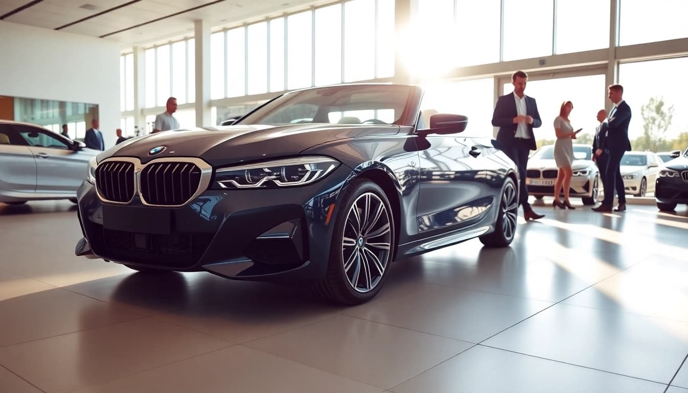 BMW kaufen: Ein neuer BMW in einem modernen Showroom mit natürlich hellem Licht.