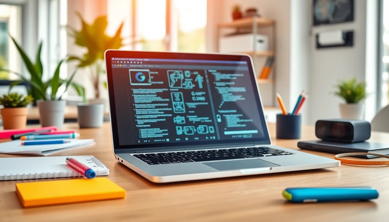 Technik Tipps zu neuesten Technologien auf einem modernen Tisch mit Laptop und Gadgets.