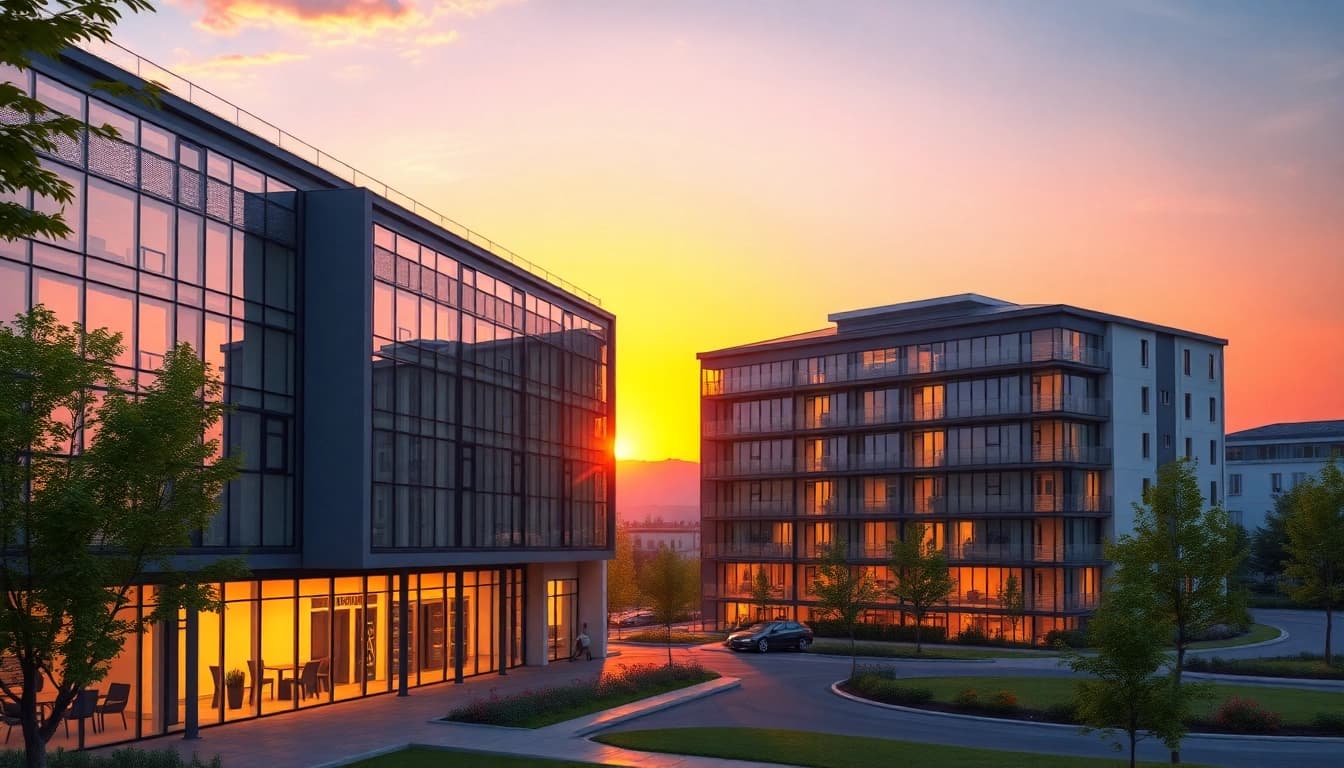 Visualisierung Architektur zeigt eine moderne 3D-Darstellung eines Gebäudes in fotorealistischer Qualität.