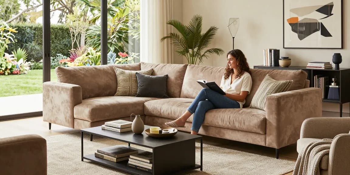 Baxter Möbel Erfahrungen, präsentiert mit einem Paar, das sich auf einem luxuriösen Baxter Sofa entspannt, umgeben von stilvoller Dekoration.