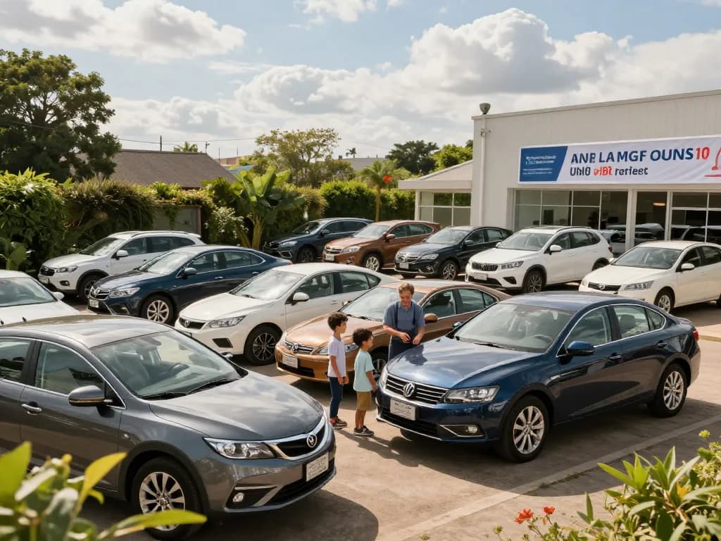 Autohändler, die Kunden bei einem lebhaften Autohaus-Erlebnis helfen und verschiedene Fahrzeuge präsentieren.
