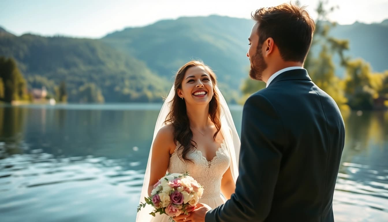 Hochzeitsfotograf Tegernsee fängt das strahlende Brautpaar am idyllischen Tegernsee ein.