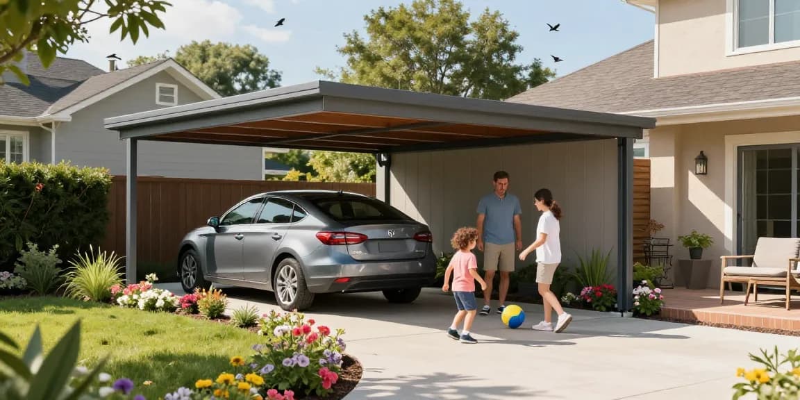 Moderne Carport-Lösung in einem Familiengarten mit spielenden Kindern und einem Auto, das vor Sonne geschützt ist.