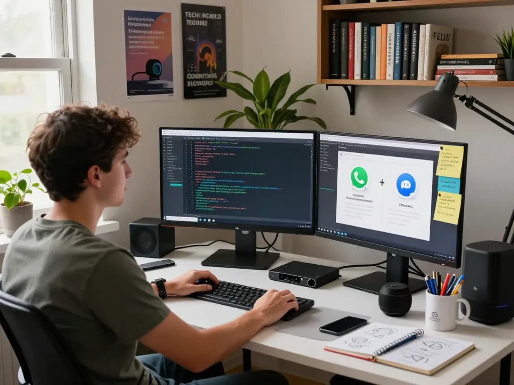 MoltBot AI workspace showcasing a developer managing tasks across various chat apps like WhatsApp, emphasizing the clawdbot ai's efficiency in a personal office setting.