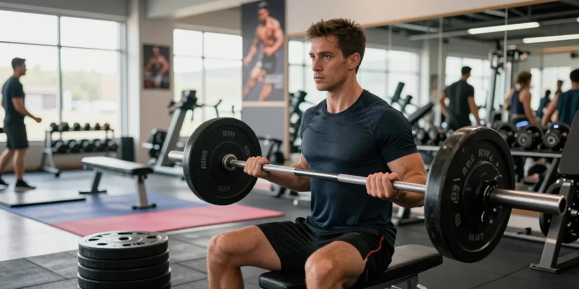 Akra Labs Steroid Shop: Sportler hebt Gewichte in modernem Fitnessstudio mit motivierender Atmosphäre.