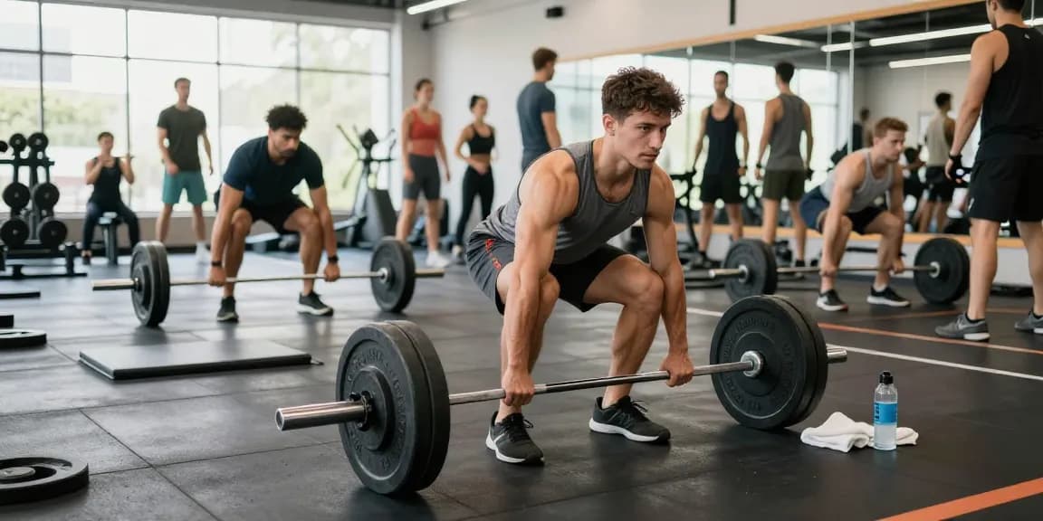 Szene im Anabolika Shop Deutschland, in der ein Sportler im modernen Fitnessstudio Kreuzheben ausführt und Engagement für Bodybuilding zeigt.