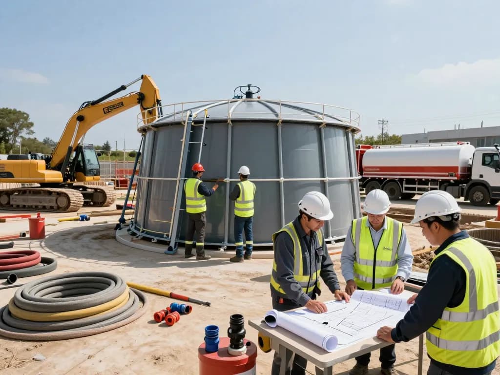 Löschwasserzisterne für Bauprojekt, präsentiert auf einer Baustelle mit Arbeitern, die für Brandsicherheit sorgen.