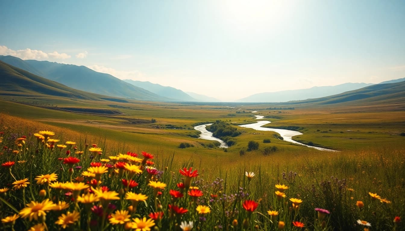 Painting of vibrant wildflowers in a serene landscape, capturing nature's beauty and tranquility.