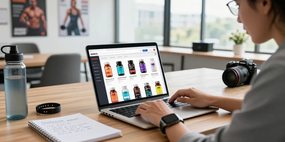 Produkte im Astera Shop für Fitness und Gesundheit auf einem modernen Laptop in einem stilvollen Büro.