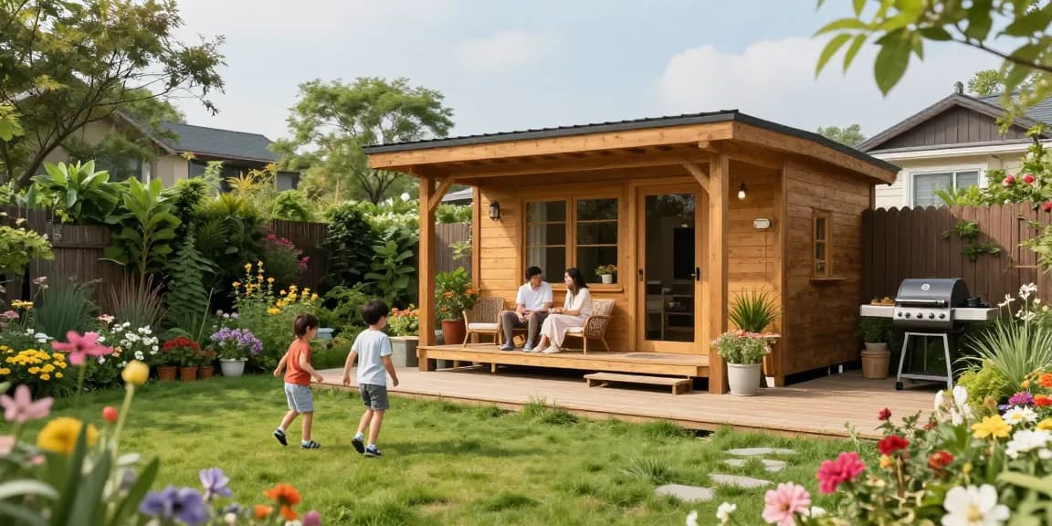 Gartenhäuser im Garten mit Familienaktivitäten und bunten Blumen.