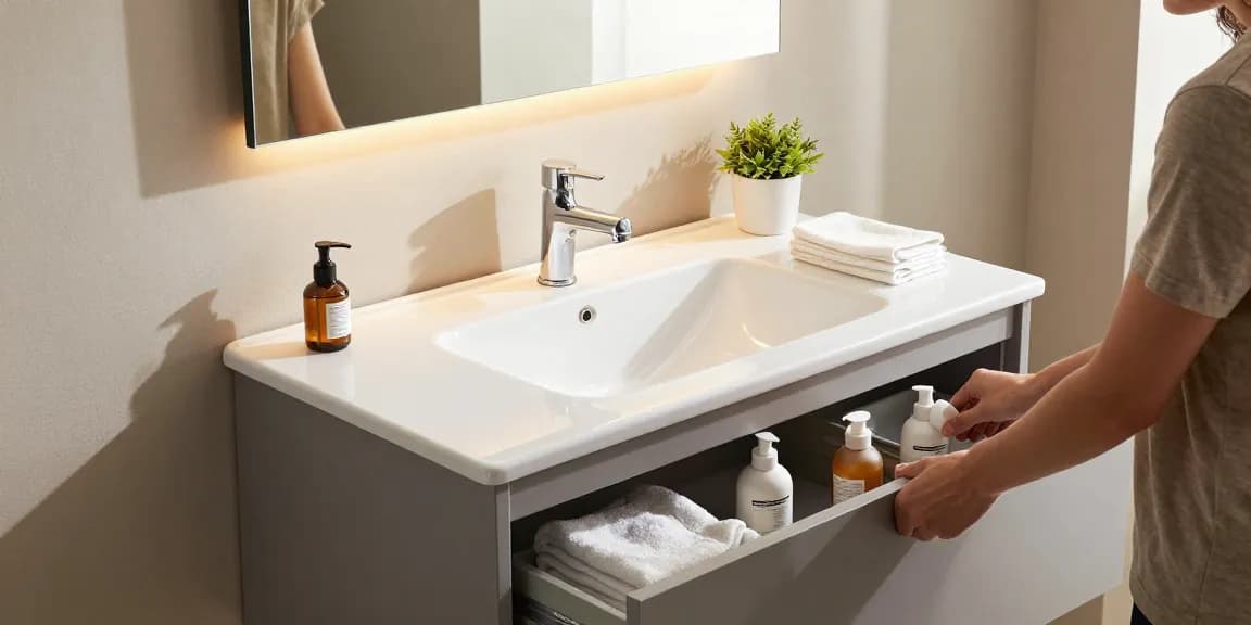 Moderne wastafelonderkast in een stijlvolle badkamer met natuurlijk licht en georganiseerde toiletartikelen.