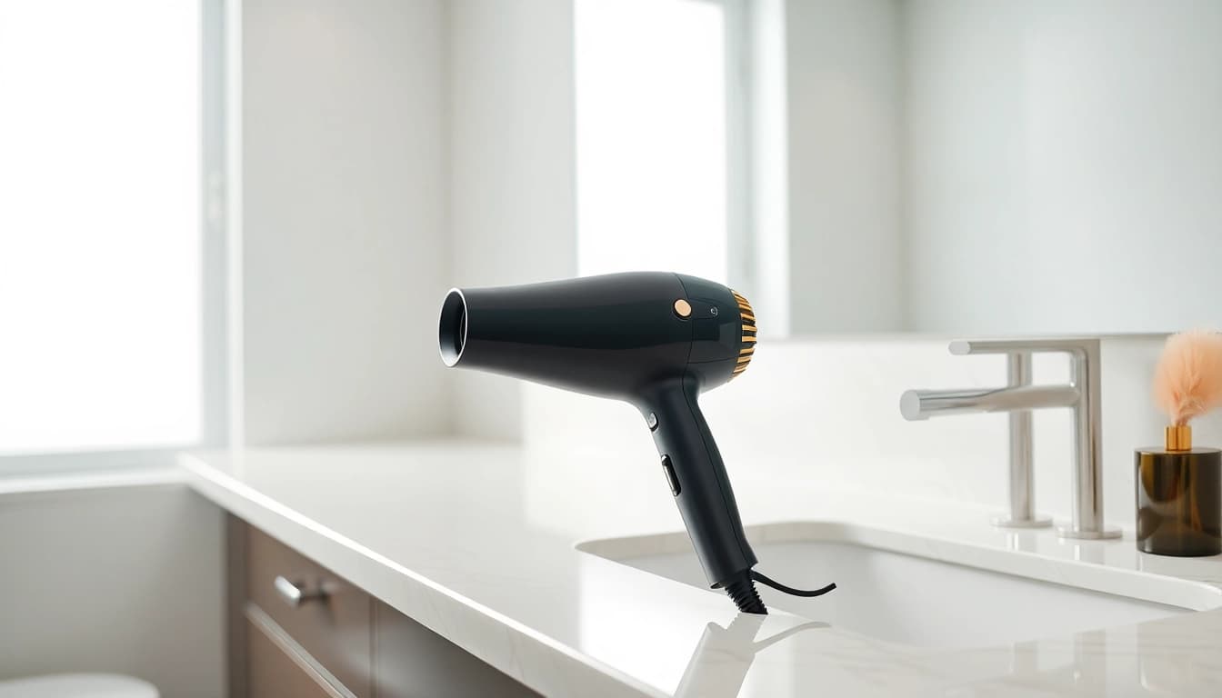 Stylish laifen föhn on a marble countertop in a modern bathroom, showcasing its elegance.