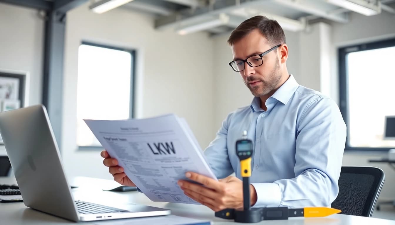 Prüfung eines Lkw Gutachten Augsburg mit einem detaillierten Bericht und Laptop im Hintergrund.