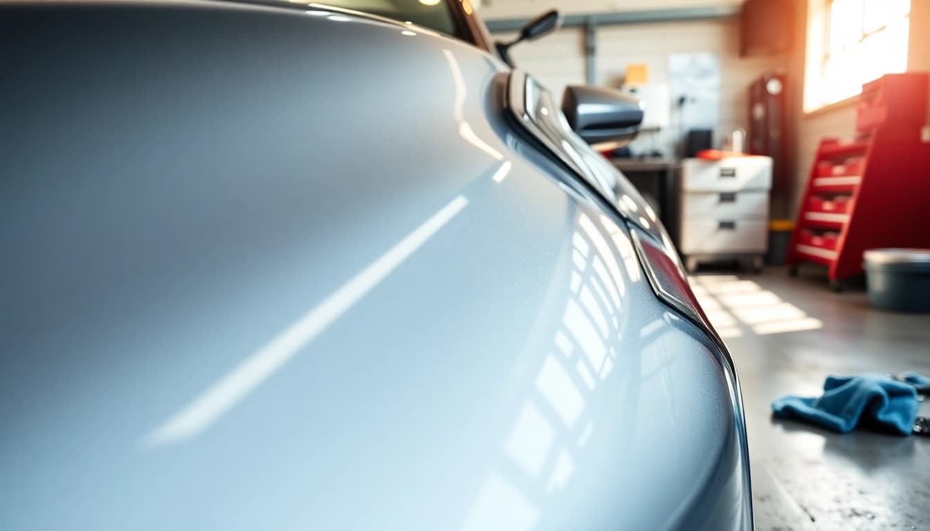 Fahrzeugaufbereitung: glänzendes Auto zeigt professionelle Pflege in einer hellen Werkstatt.