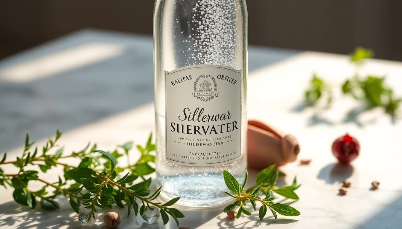 Refreshing Silberwasser bottle surrounded by herbs, showcasing its natural cleansing properties.
