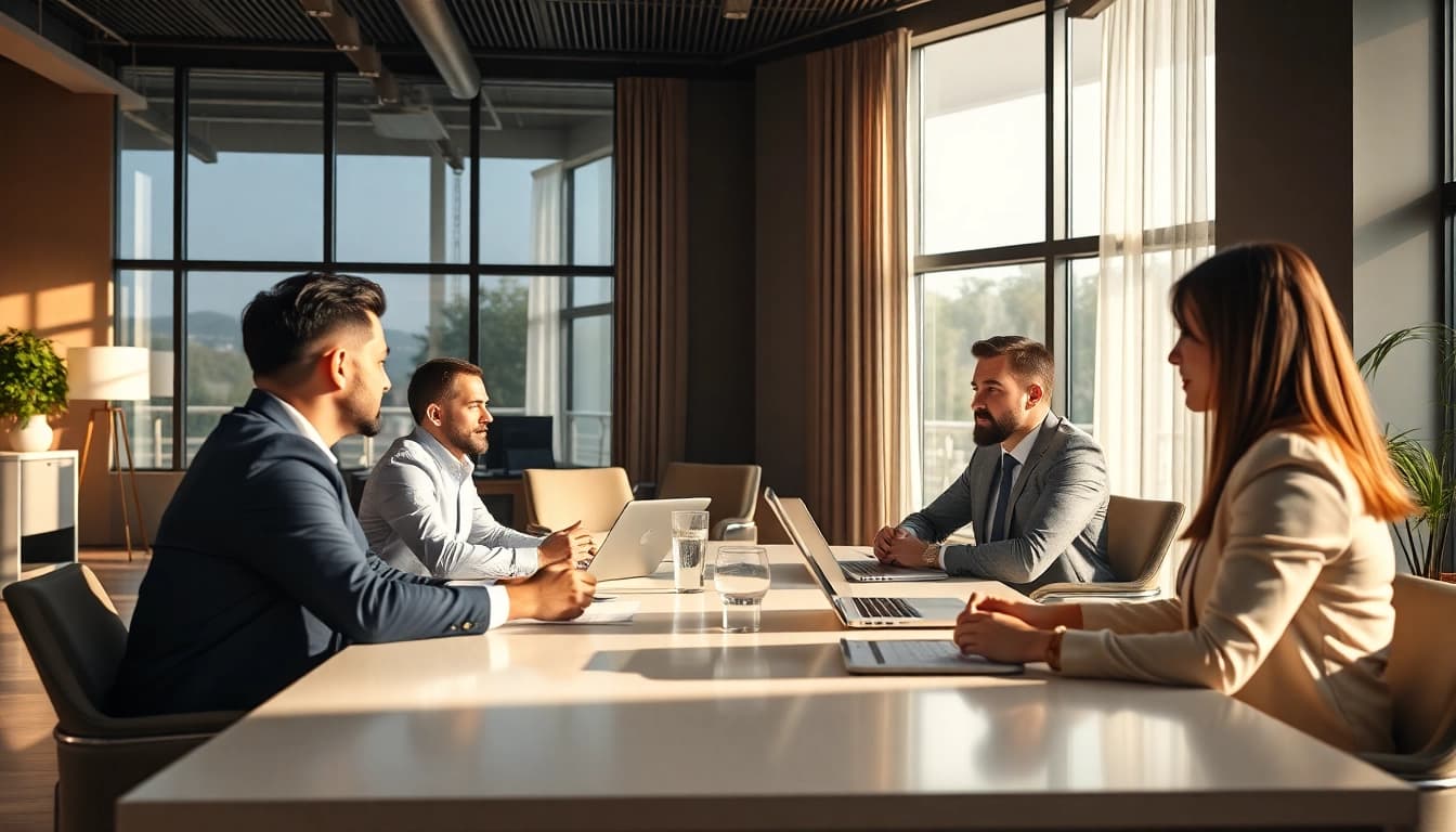 Headhunter Schweiz führt ein Gespräch in einem modernen Büro mit eleganter Einrichtung.