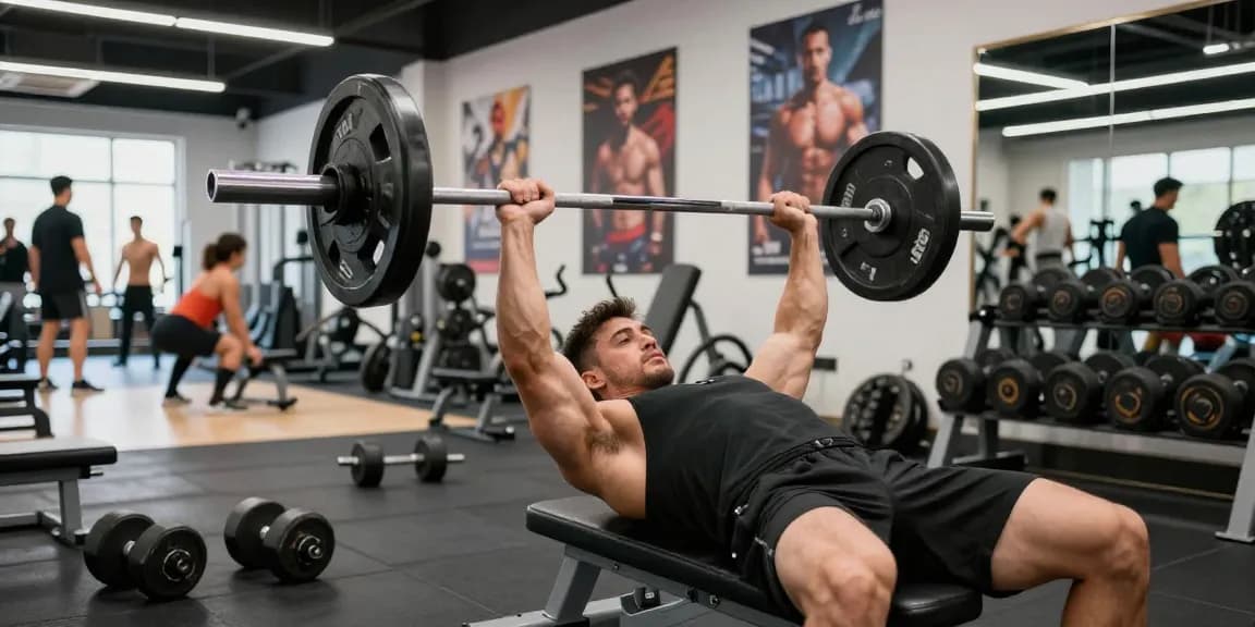 Prime Pharma Shop: Bodybuilder im Fitnessstudio, hebt Gewichte, motivierende Atmosphäre.