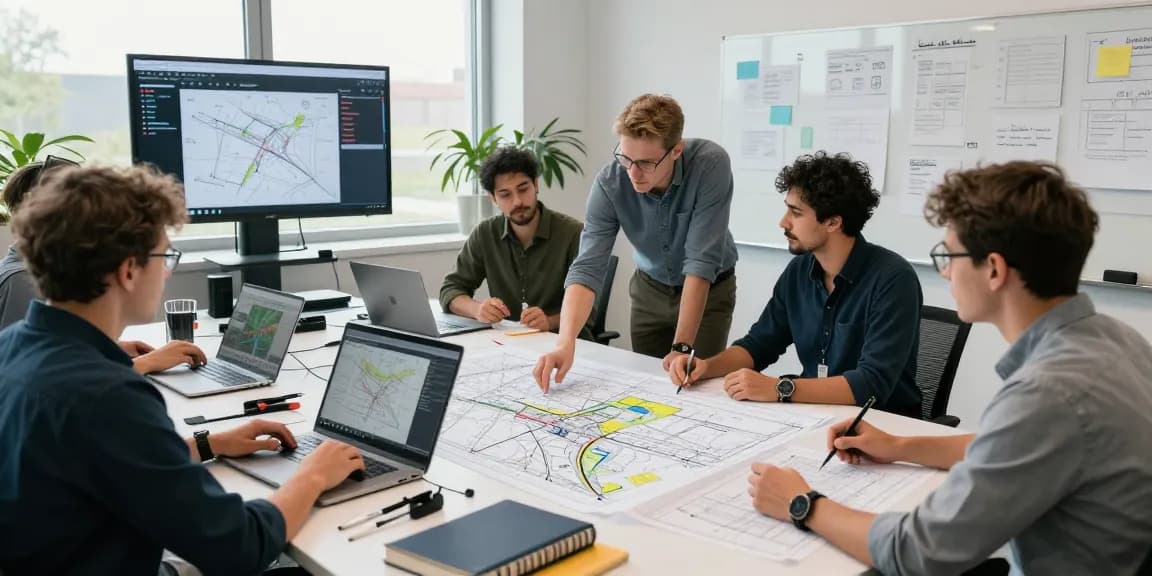 Die Teammitglieder der Vermessungsbüros und ÖbVI analysieren Daten in einem modernen Büro, um Datenschutz und IT-Sicherheit zu garantieren.