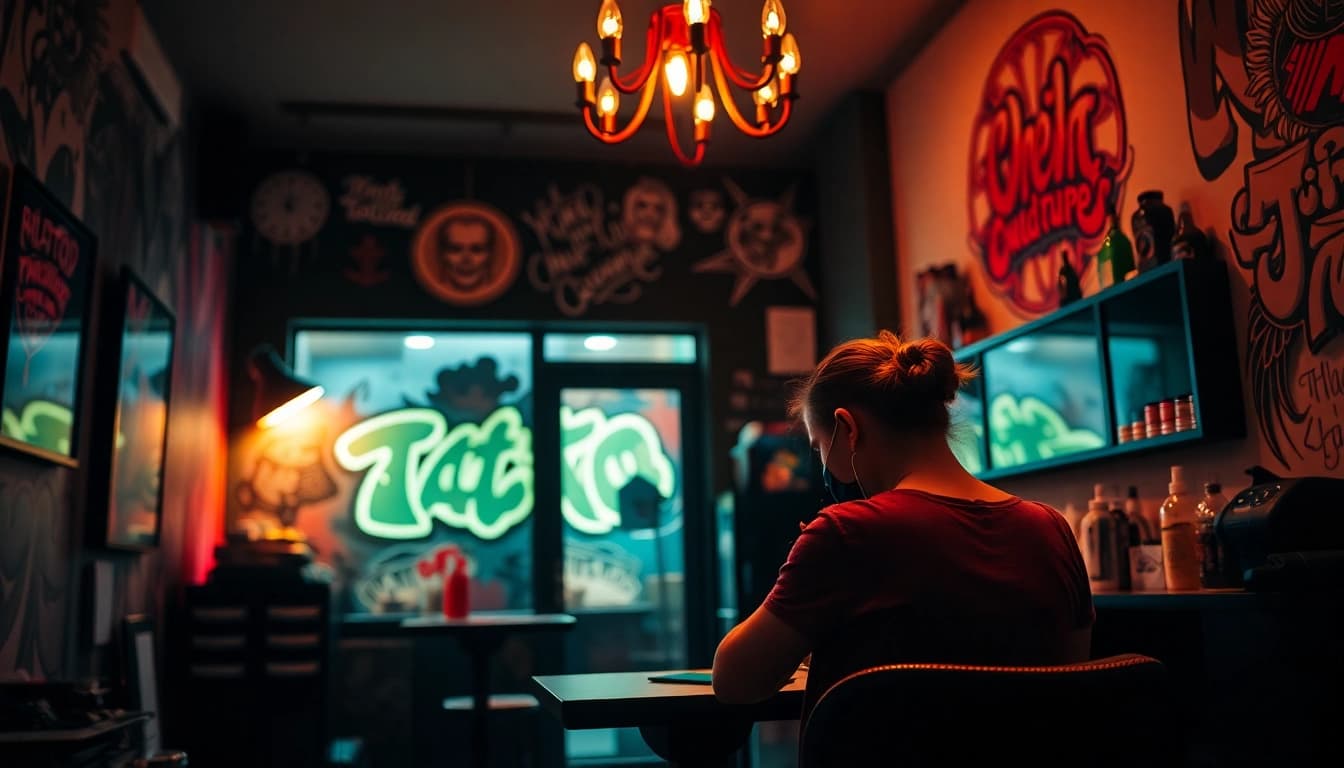 Detailansicht eines professionellen Tattoo Studio München mit Künstler, der ein Tattoo aufträgt.