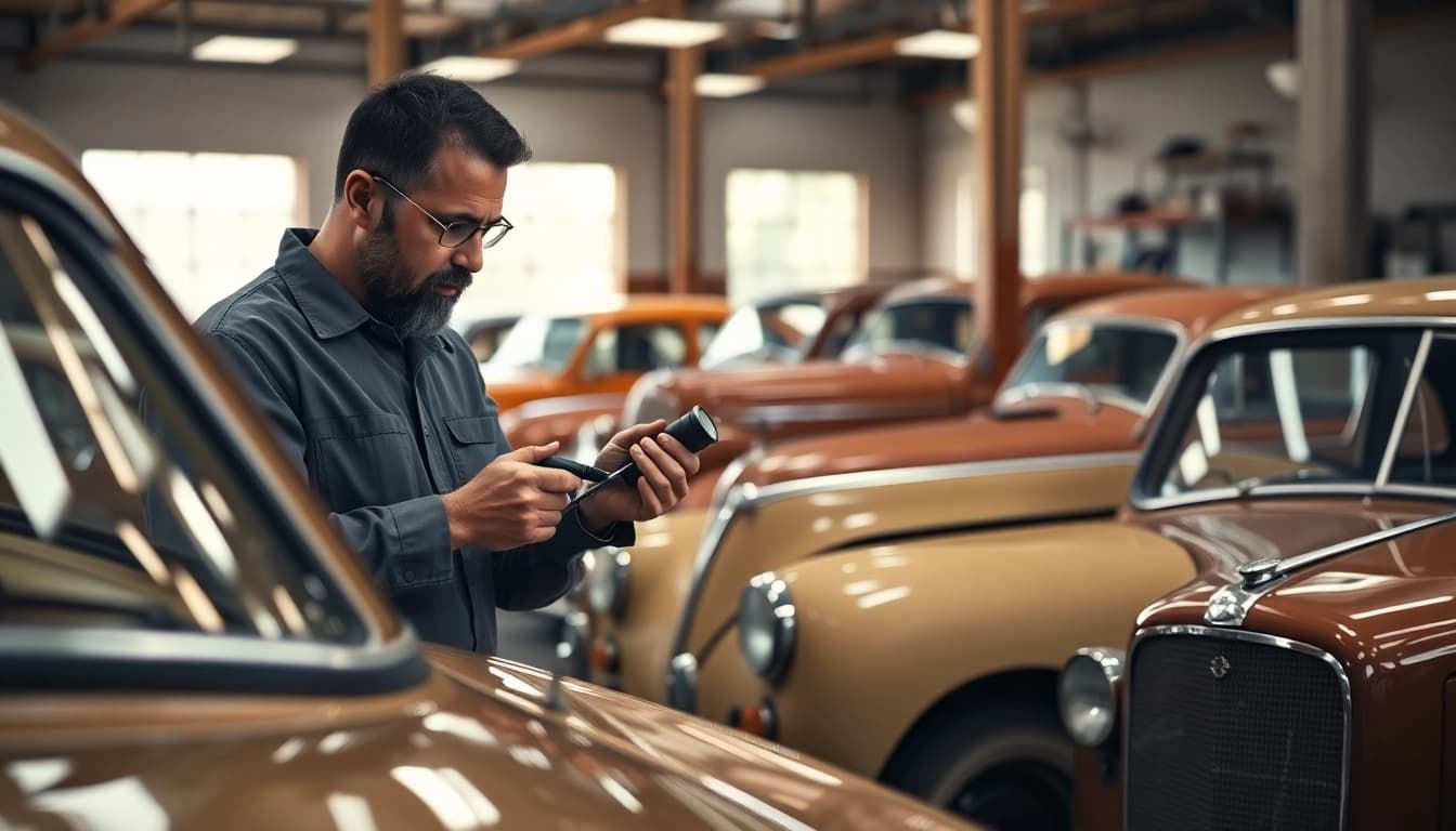 Oldtimer Gutachten in der klassischen Werkstatt mit einem Experten, der die Fahrzeugbedingungen überprüft.