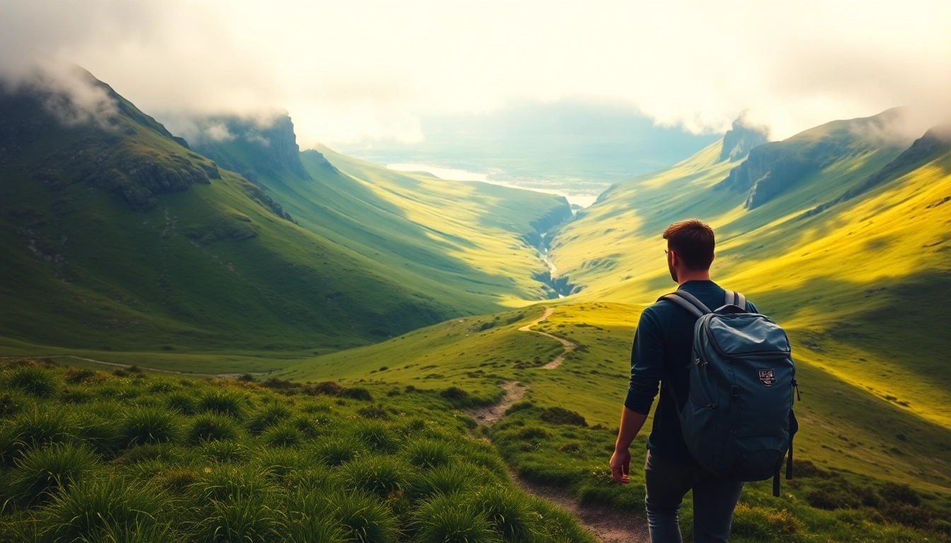 Wanderurlaub Irland: Herrlicher Ausblick auf einen Wanderer in den grünen Bergen Irlands.