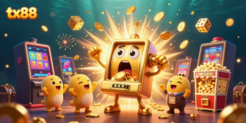 Experience the excitement at tx88 with a fabulous golden slot machine hitting a jackpot surrounded by cheering characters.