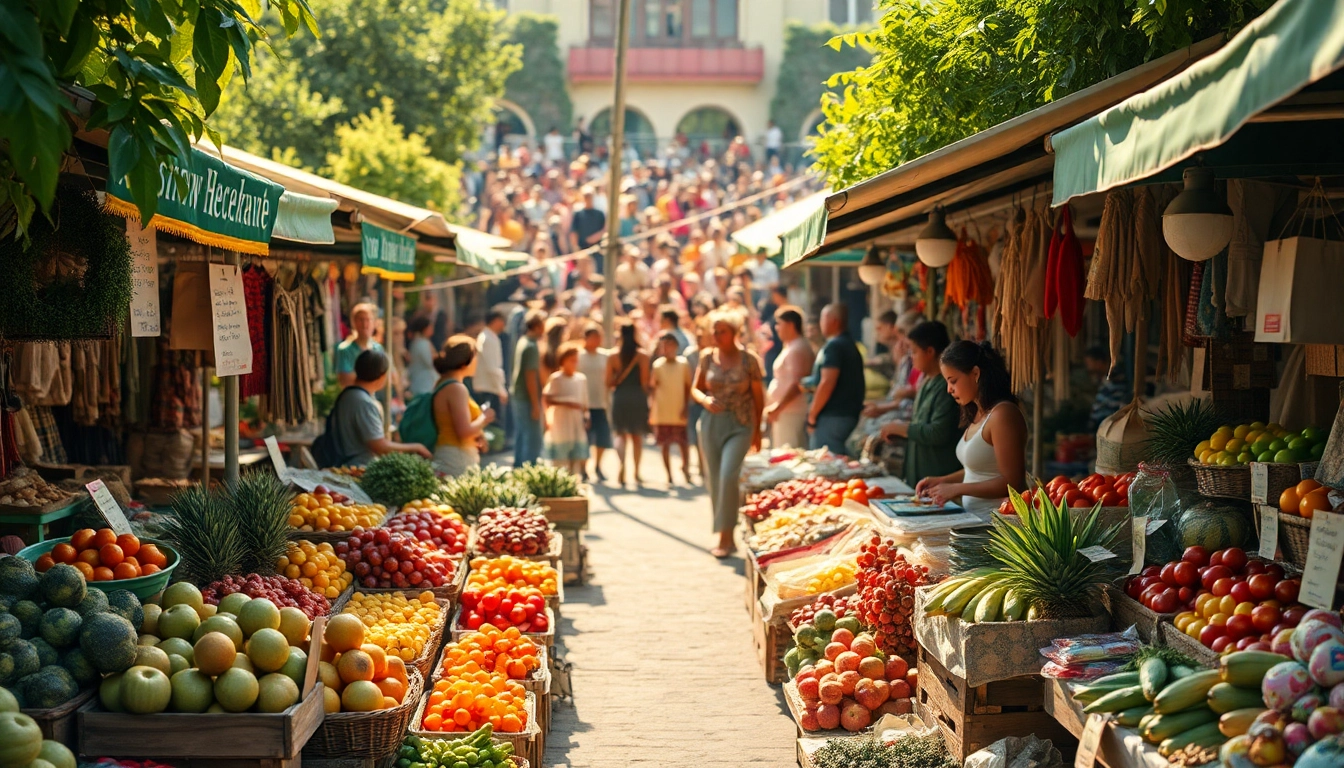Wirtschaft Regional lebendig dargestellt durch einen lokalen Markt mit frischen Produkten und engagierten Verkäufern.