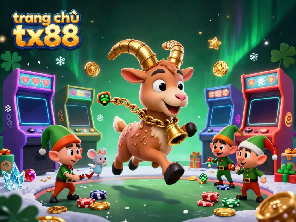 Exciting scene at trang chủ tx88 showcasing a 3D cartoon Krampus goat managing a vibrant casino filled with playful characters.
