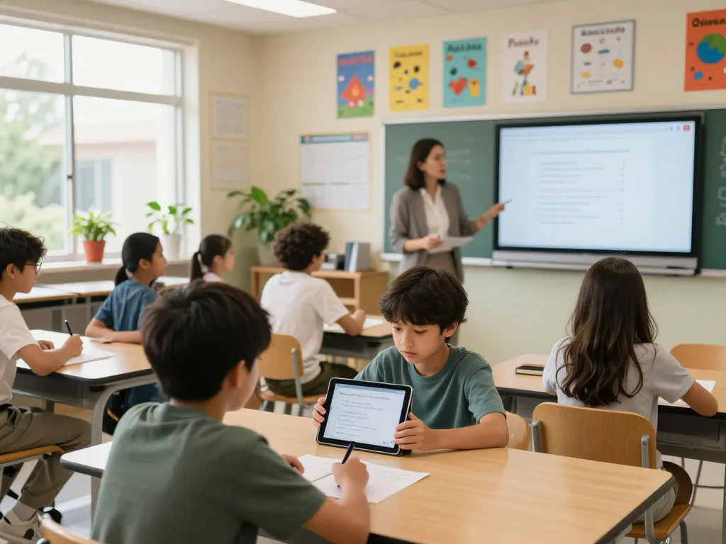 Schüler verwendet das Hausaufgaben KI-Tool in einem modernen Klassenzimmer zur Unterstützung bei Hausaufgaben