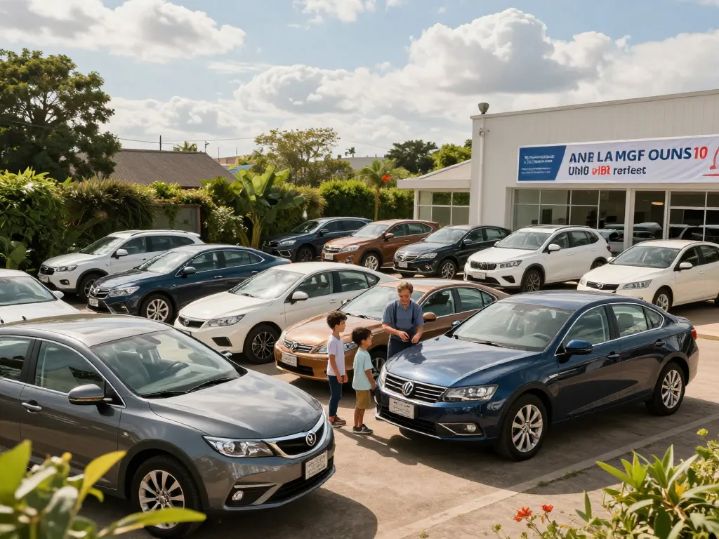 Autohändler, die Kunden bei einem lebhaften Autohaus-Erlebnis helfen und verschiedene Fahrzeuge präsentieren.