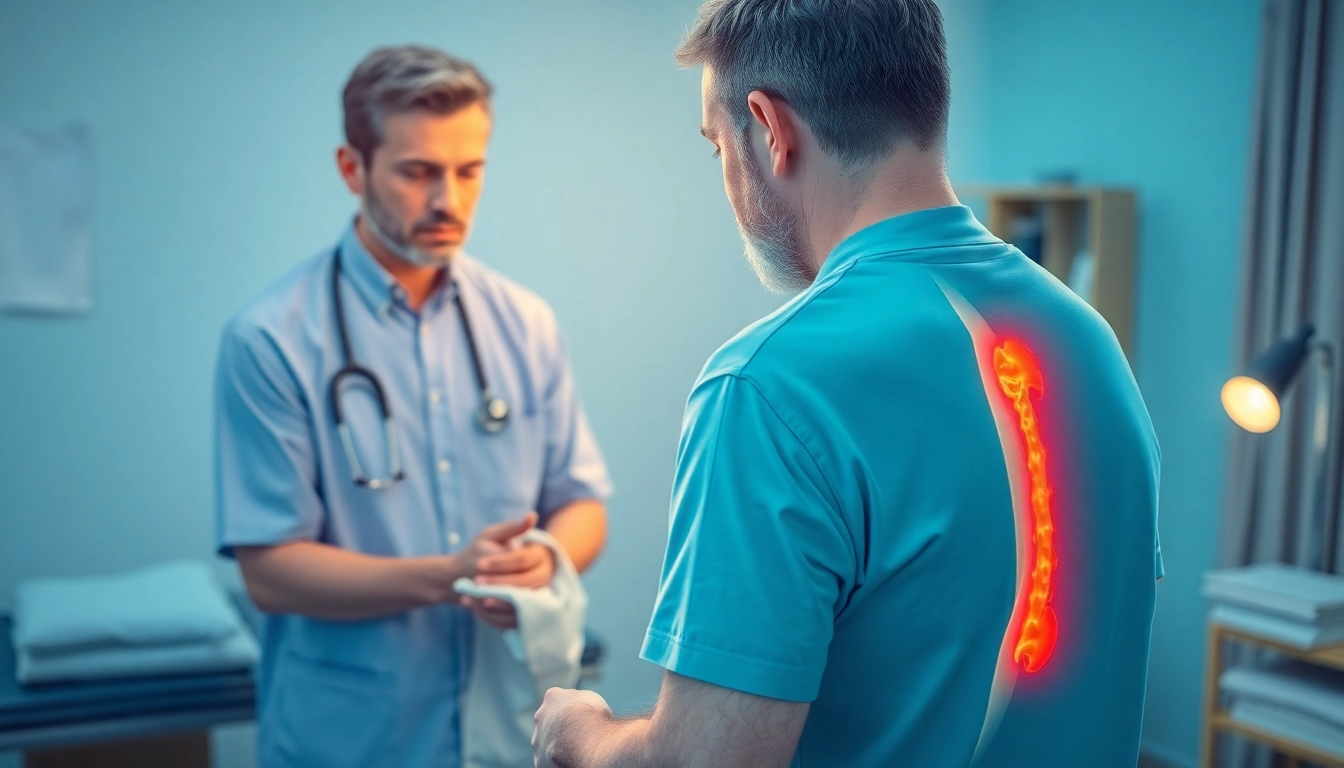 Übungen zur Schmerzlinderung Bandscheibenvorfall: Physiotherapeut hilft einem Patienten bei Rückenübungen.