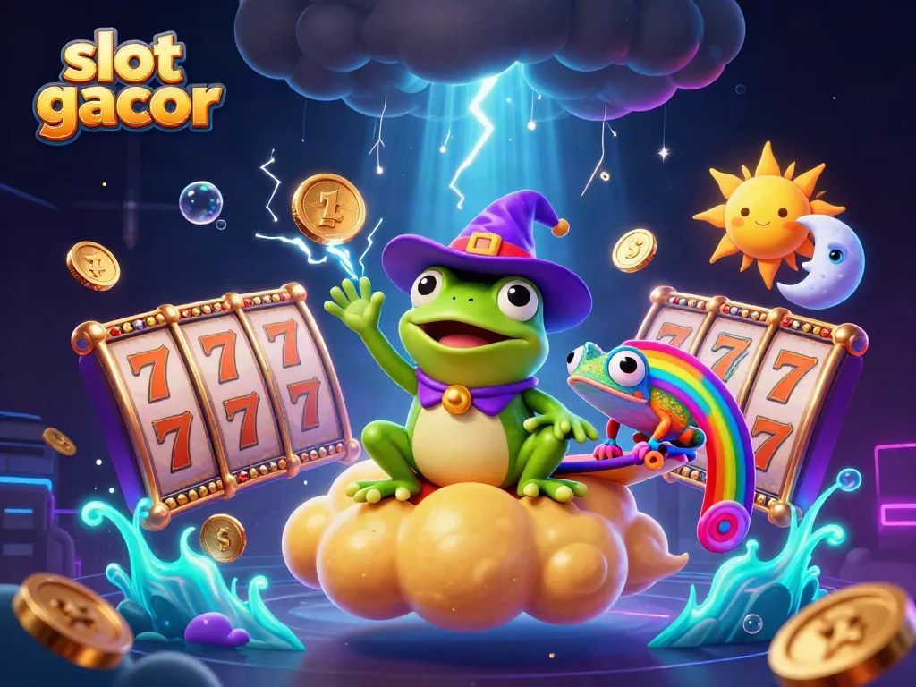 Engaging artwork showcasing a weather wizard frog surrounded by dynamic slot gacor elements, creating excitement in a vibrant scene.