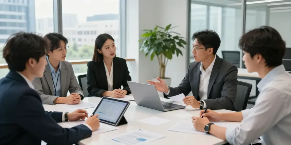 Betriebsauflösung Wien: Professionelles Team diskutiert in modernem Büro.