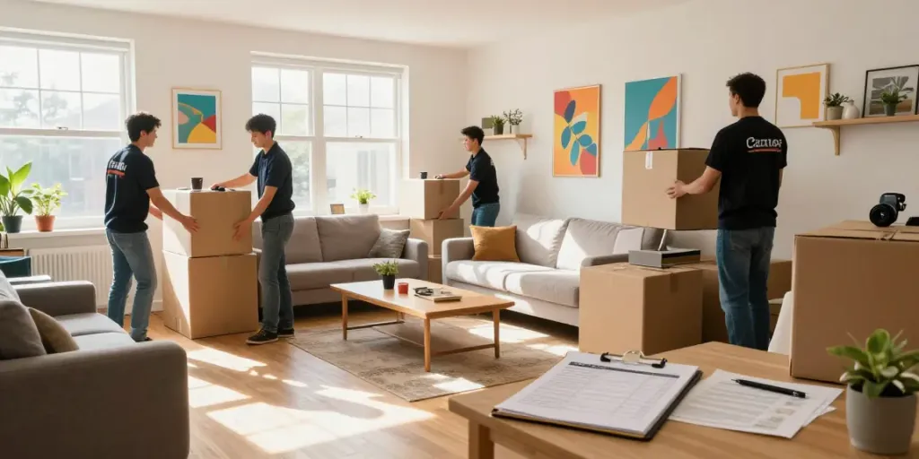 Professionelles Team bei der Wohnungsauflösung in Berlin Tempelhof, Möbel und Umzugskartons sortiert.