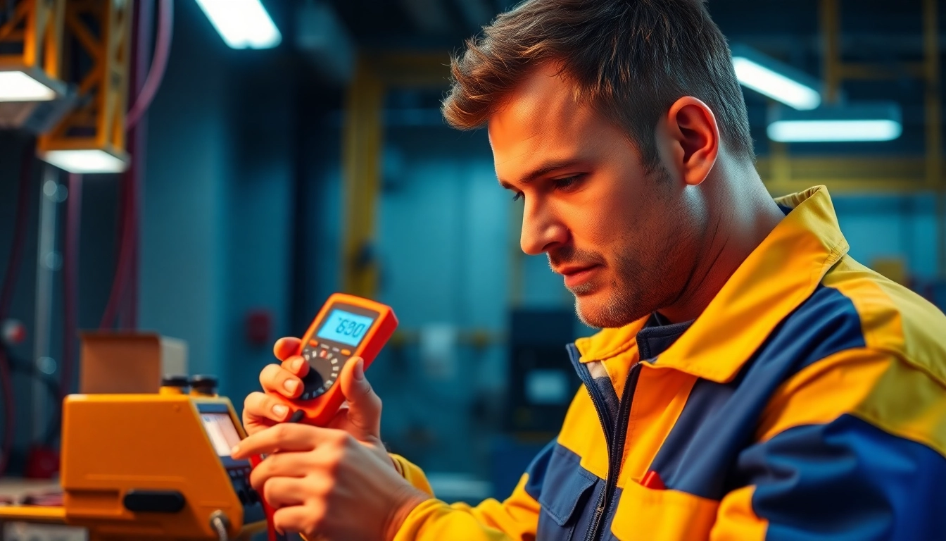 Technician inspecting and prüfen der ortsveränderlichen elektrischen Betriebsmittel in a modern workspace, ensuring safety compliance.