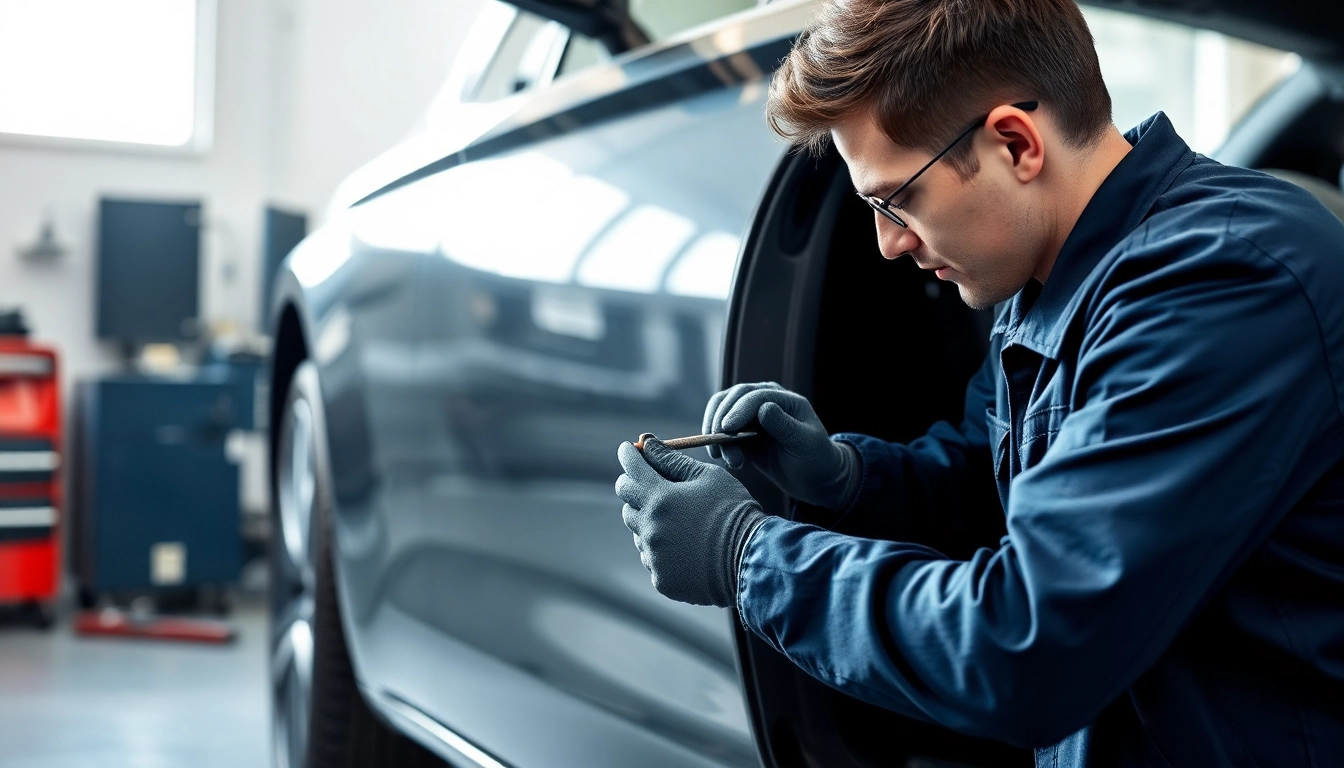 Dellenentfernung ohne Lackieren: Technician skillfully repairing a car dent with specialized tools.