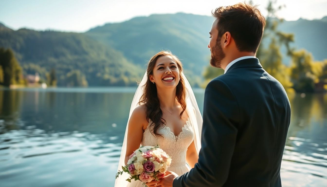 Hochzeitsfotograf Tegernsee fängt das strahlende Brautpaar am idyllischen Tegernsee ein.