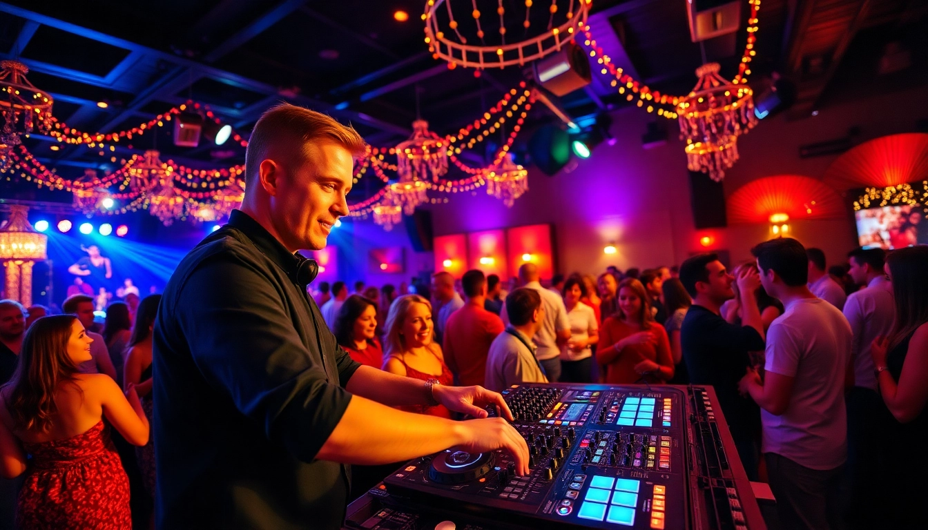 DJ aus München performing at a lively event with enthusiastic guests dancing.