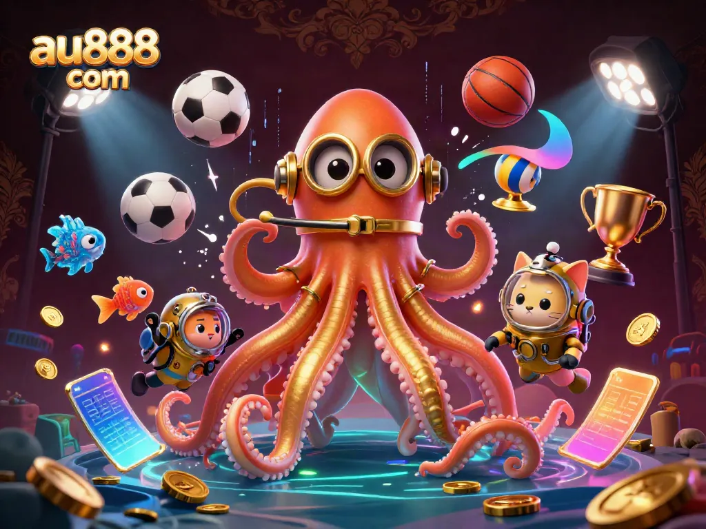Experience thrilling moments at au888 com with a colossal kraken and diving cat in a lively casino-inspired scene.