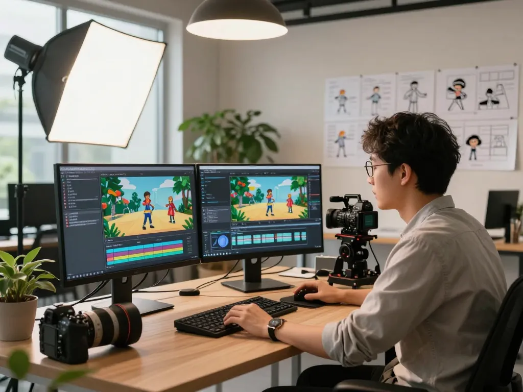 Creative director utilizing advanced motion control software in a bright studio for innovative video production.