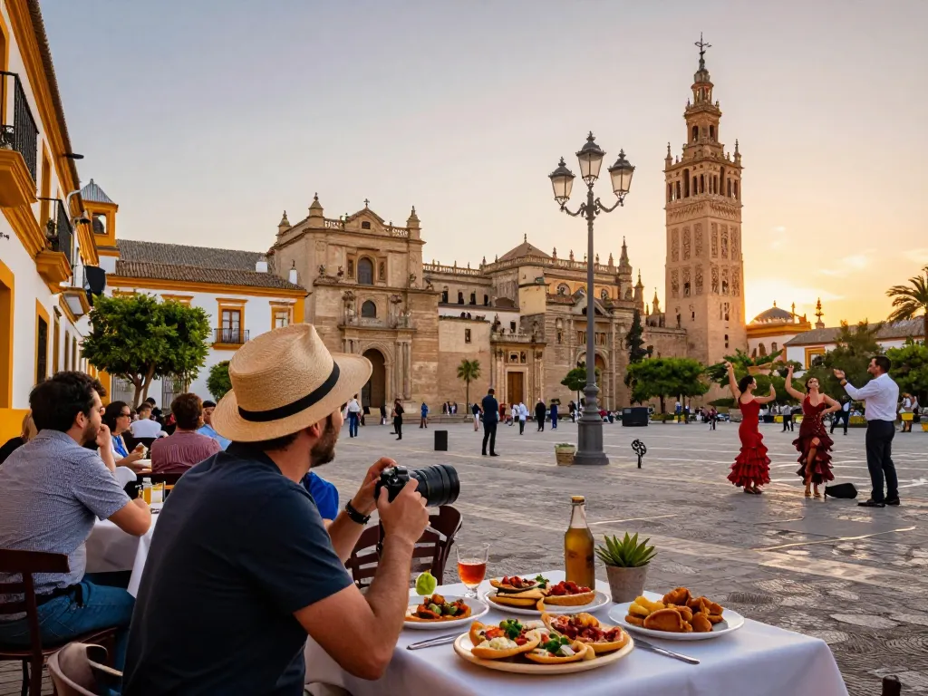 Reisetipps Sevilla: Lokale Tapas genießen, während man Sevilla's historische Straßen bei Sonnenuntergang erkundet.