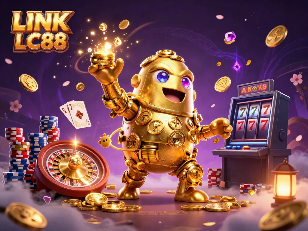 Engage in thrilling gameplay with LINK LC88 featuring a shimmering golden golem amidst casino elements.