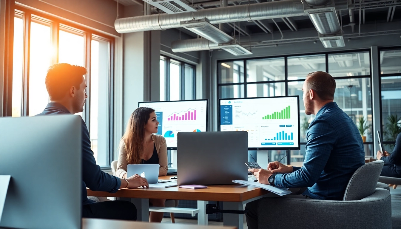 Online Marketing Strategieentwickler analysieren Daten in einem modernen Büro.