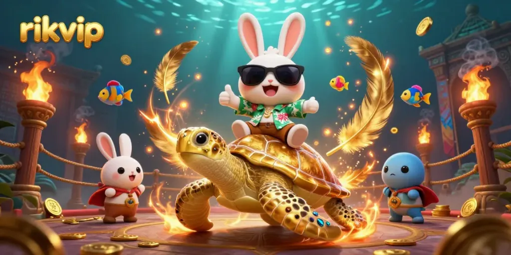 Experience thrilling gaming at rikvip with a lucky rabbit and golden turtle in a vibrant underwater casino scene.
