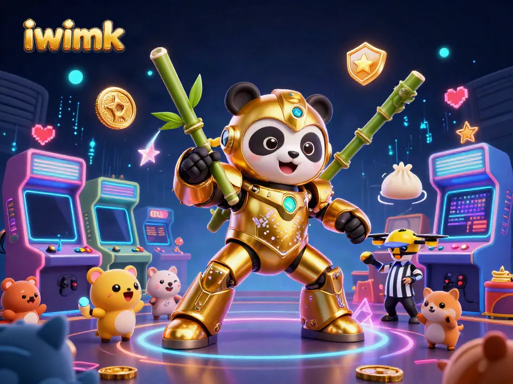 Engage with iwinnk's vibrant casino experience featuring a panda piloting a robot amidst lively game elements.
