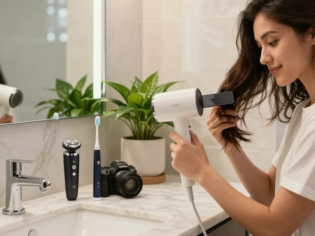 Person stylisiert Haare mit dem Laifen Haartrockner UK in einem luxuriösen Badezimmer, das moderne Pflegeprodukte zeigt.