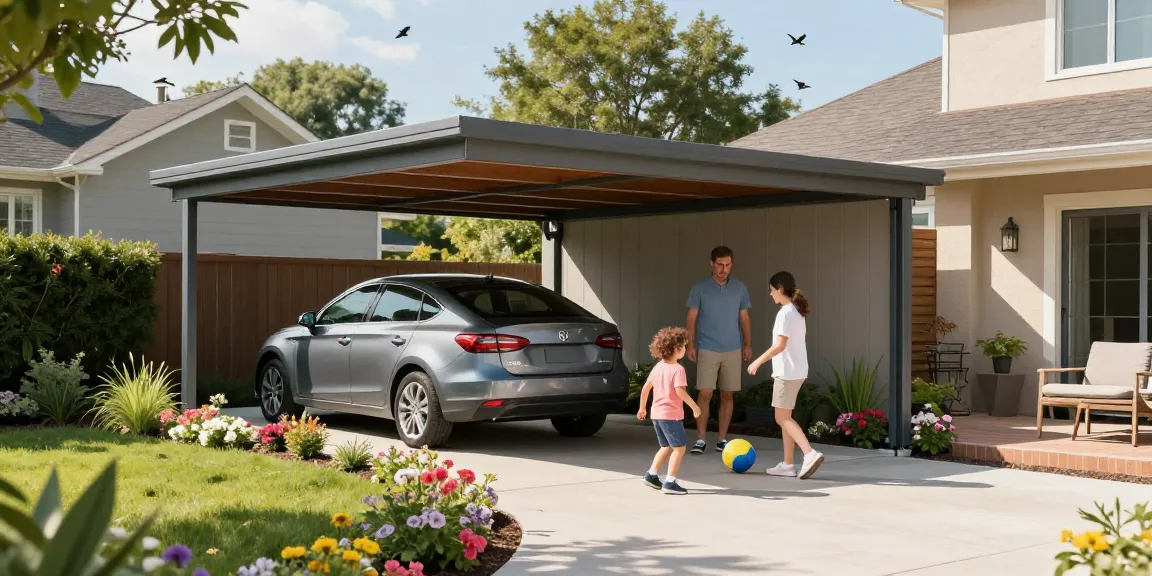Moderne Carport-Lösung in einem Familiengarten mit spielenden Kindern und einem Auto, das vor Sonne geschützt ist.