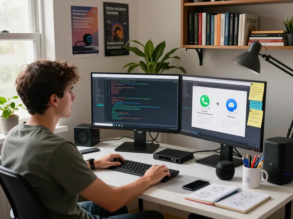MoltBot AI workspace showcasing a developer managing tasks across various chat apps like WhatsApp, emphasizing the clawdbot ai's efficiency in a personal office setting.