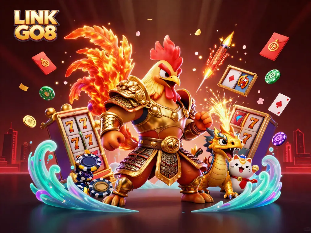 Join the excitement of LINK GO8 through a vibrant 3D casino illustration featuring dynamic characters and symbols.
